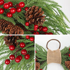 2PCS Artificial Christmas Swags with Norfolk Pine, Red Berries and Pinecones, 24" Christmas Thanksgiving Decorations for Front Door, Mantel, Staircase, Window, Xmas Décor