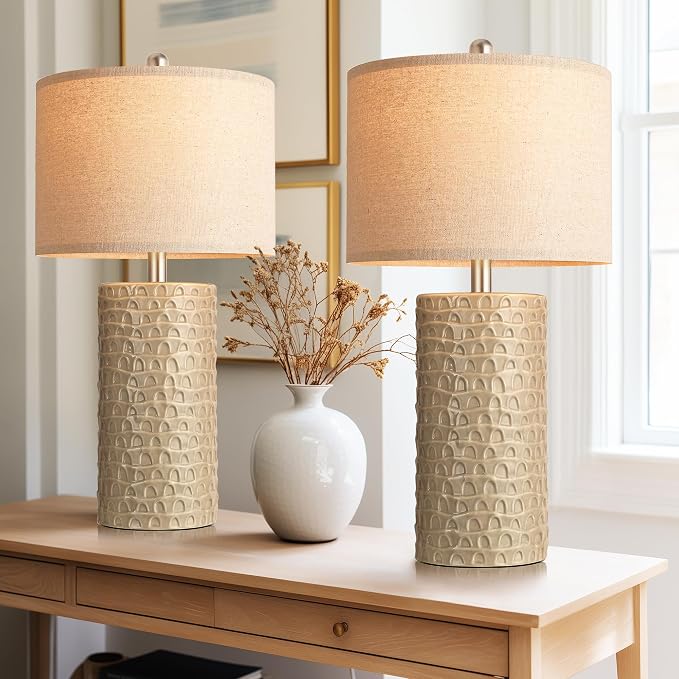 PARTPHONER 23" Modern Ceramic Table Lamp Set of 2, Table Lamps for Living Room, Rustic Farmhouse Bedside Lamps Nightstand lamp for Bedroom, Desk Lamp for End Table Home Decor Beige
