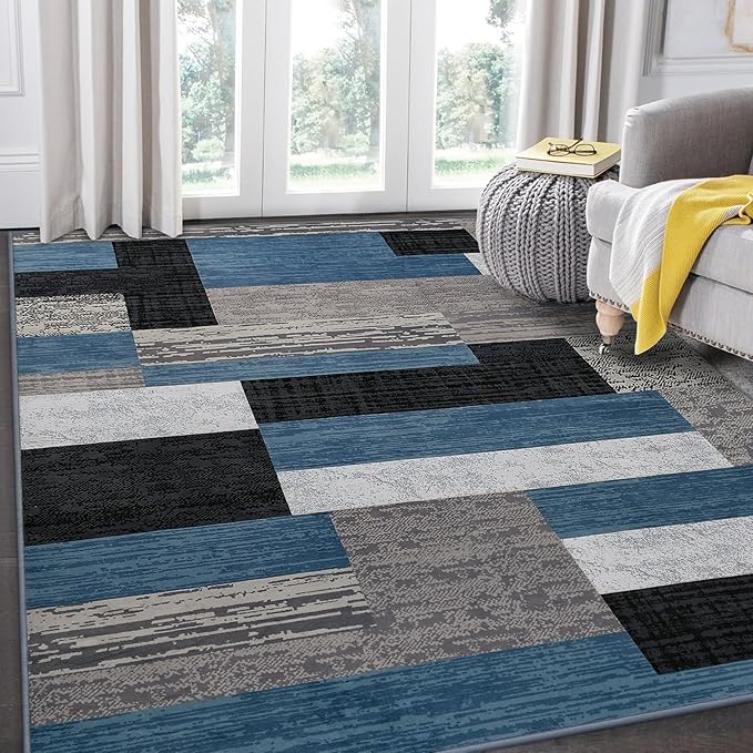 FlyDOIT Modern Geometric Patchwork Area Rug, 8x10 Blue Large Rugs for Living Room, Rockwood Collection Indoor Rugs for Bedroom, Throw Carpet Floor Decor for Entryway Dining Room Office Nursery