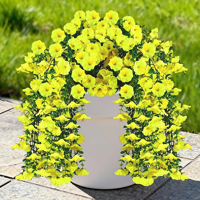 Artificial Hanging Flowers for Outdoors, 2 PCS UV Resistant Faux Silk 150 Morning Glory Each Trailing Vines, Fake Plants for Spring Outdoor Garden Planter Porch Patio Decoration, Yellow