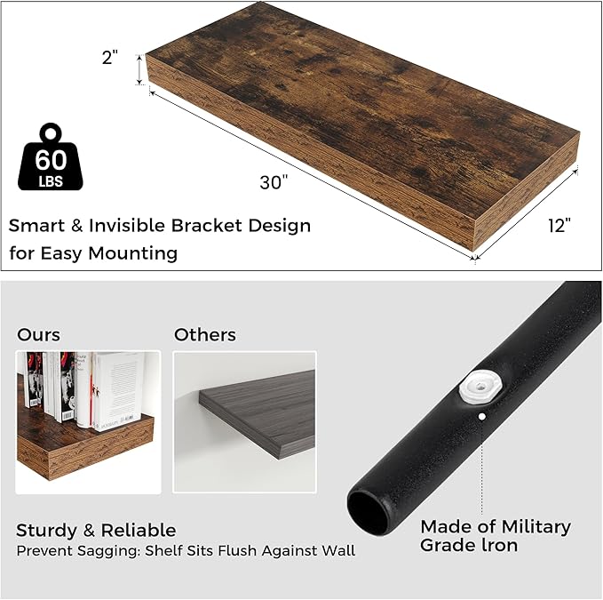 Venusmiles Floating Shelves for Wall, 30" W x 12" D x 2" H, 2 Pack of Long Wall Mounted Engineered Wood Shelves with Invisible Brackets for Living Room, Bedroom, Bathroom, Kitchen Decor, Brown