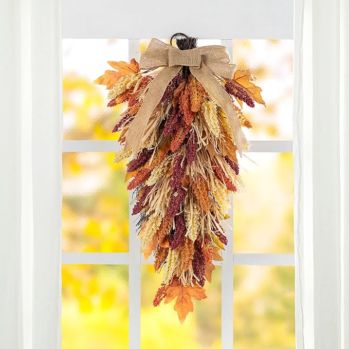 Glitzhome 28'' Artificial Fall Teardrop Swag, Autumn Harvest Multi-Colored Sorghum Door Swag, Hanging Flower Wreath for Thanksgiving Fall Front Door Window Wall Decor