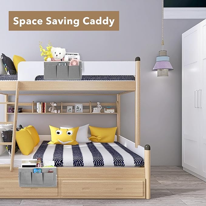 Bedside Caddy Hanging Storage Bag, Organizer Baskets with Pockets for Bunk Bed Accessories, Loft & Dorm Rooms Chair Bed Rails (Gray-3pcs)