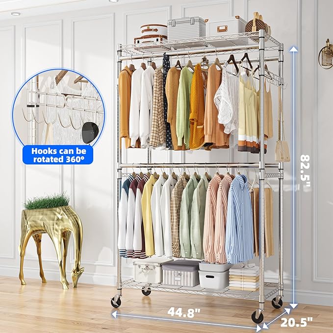 Simple Trending Heavy Duty Clothes Rack Clothing Rack with Wheels and 4 Hanging Rods, Adjustable Rolling Garment Racks, Load 560 LBS, Chrome