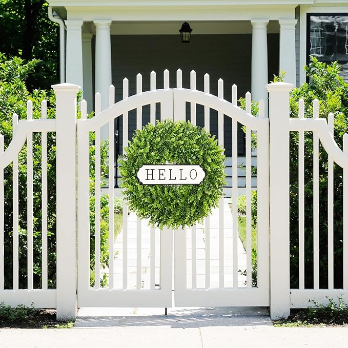 DDHS Large Boxwood Wreath Front Door 24'' Artificial Spring Wreaths for Front Door Farmhouse Wedding Green Year Round Indoor Outdoor for Summer Wreath st Patrick's Day Decoration -(Hello Sign)