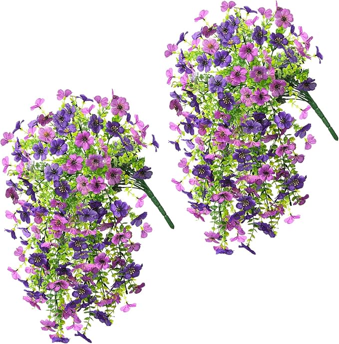 Artificial Hanging Flowers for Outdoors Spring Decoration, 2PCS Silk Fake Daisy Realistic Outdoor Flowers UV Resistant Porch Patio Window Yard Decor(Dark Orchid)