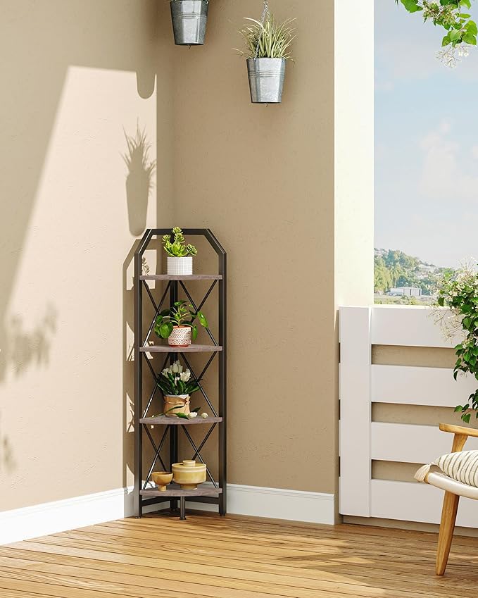 CHOEZON 4-Tier Corner Shelf, Industrial Corner Bookshelf, 47.6" Corner Storage Stand, Plant Stand Display Shelf, Corner Bookcase for Bedroom, Living Room, Home Office, Greige and Black TCJ09BG