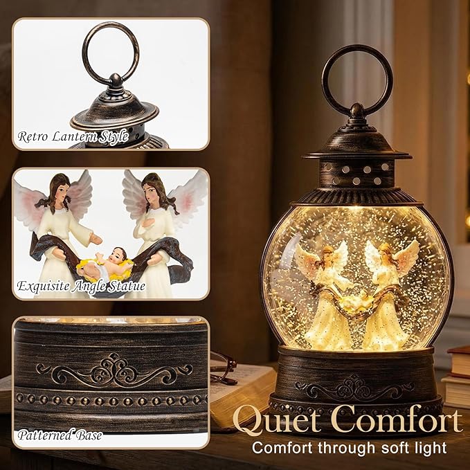 9.7'' Christmas Angel Snow Globe, Musical Lighted Water Lantern, Retro Decoration with Swirling Glitter, USB Powered and Battery Operated, Xmas Home Décor Gift (Baby Jesus with Angel)