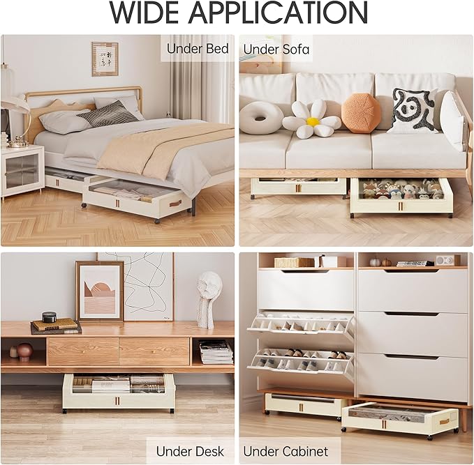 Yecaye Under Bed Storage with Wheels, 2 Pack Under Bed Storage Containers, 60L Underbed Shoe Storage with Clear Window & Label, Rolling Under Bed Metal Drawer for Clothes, Shoes, Books, Blankets