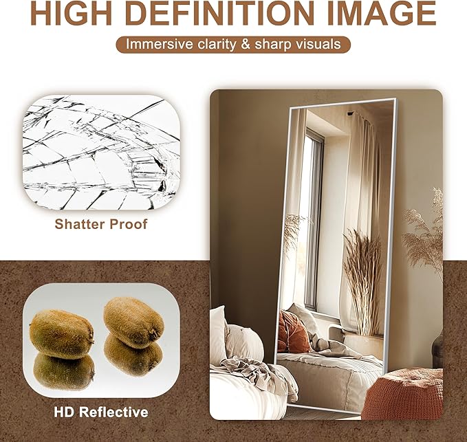 Delma Full Length Mirror,Large Floor Mirror with Aluminum Frame for Bedroom, Bathroom, Living Room,Wall Mount or Freestanding Design(with Stand,Rect 69x24-Silver)