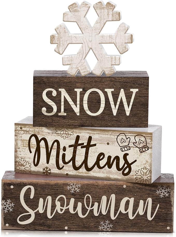Moucuny 4 Pcs Winter Table Decorations Wooden Snowflake Decor Christmas Tiered Tray Decor Rustic Decorative Snowflake Block Sign Gift Winter Table Centerpiece for Wonderland Party Home Kitchen