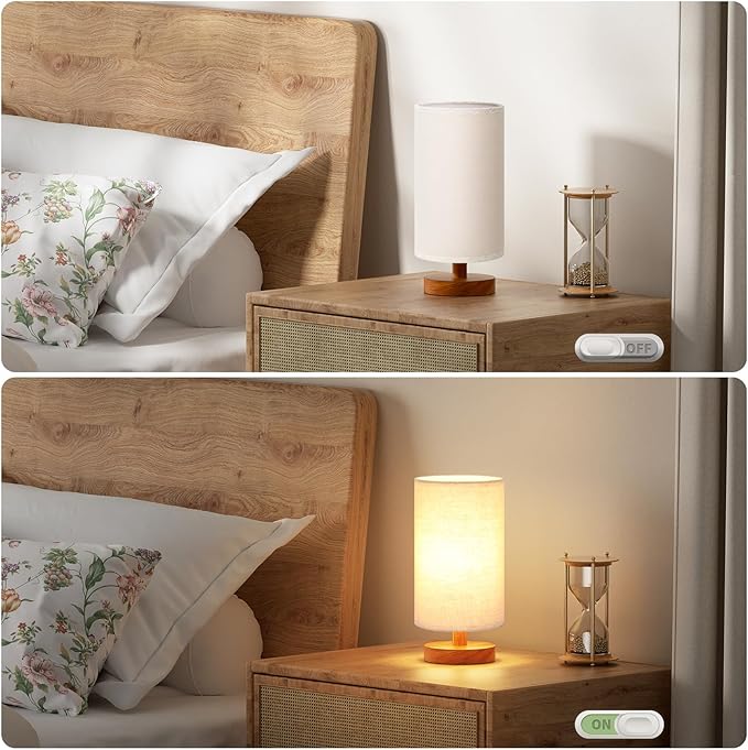Fenmzee Small Table Lamp for Bedroom - Inline Control, Bedside Lamp with 3000K A15 LED Blub, Easy Assembly (Beige Shade - Walnut Base, 9" Inline Control)