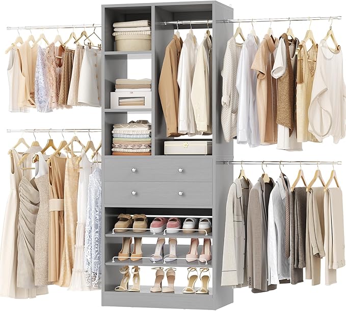 Closet System, 4.2–8.8 FT Closet Organizer with 2 Wooden Drawers and Shelves, Walk-in Closet System with 5 Hang Rods, Built-in Closet Tower, Can Fit 60 to 96 inch, Morandi Grey
