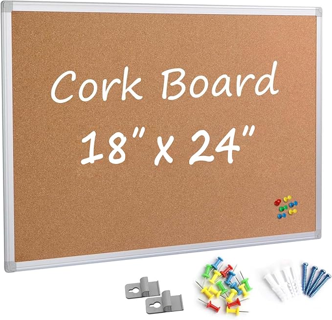 Cork Board Bulletin Board 24 x 18 Inches, Silver Aluminium Framed Corkboard, Office Board for Wall Cork, Large Wall Mounted Notice Pin Board for Home, Office and School