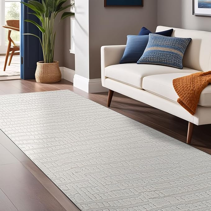 Modern Micro Loop Indoor Runner Rugs for Living Room Bedroom Kitchen Geometric Pebble White 2x7 Luxury Durable Low and High Pile Non-Shedding Stain Resistant Soft Area Carpet 2 x 7