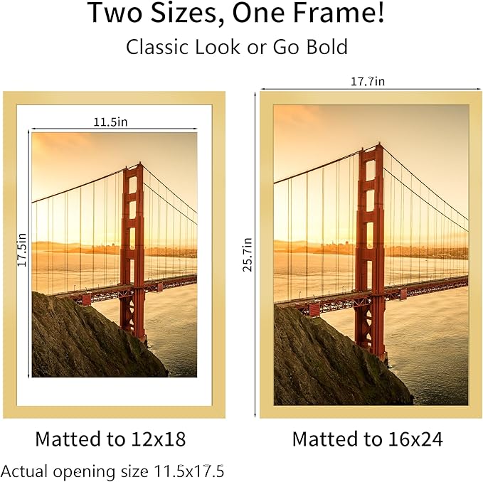 16x24 Picture Frame Gold Set of 3, Display Pictures 12x18 with Mat or 16 x 24 Without Mat, Poster Frames 16x24 Poster Frames for Wall Hanging Horizontal and Vertical
