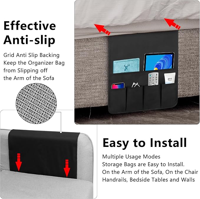 Non-slip Couch Organizer Armchair Caddy, Oxford TV Remote Control Holder Bedside Caddy with 5 Pockets for Key Glasses Phone Magazine Holders.