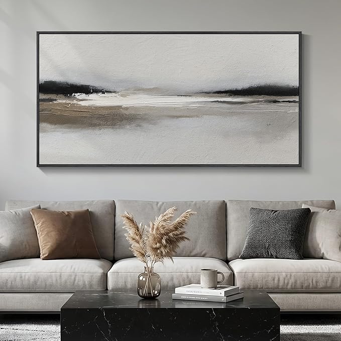 Large Framed Abstract Wall Art for Living Room, Horizontal Black and White Landscape Canvas Prints Paintings Artwork for Walls, Neutral Modern Minimalist Pictures Wall Decor for Bedroom Office 30x60