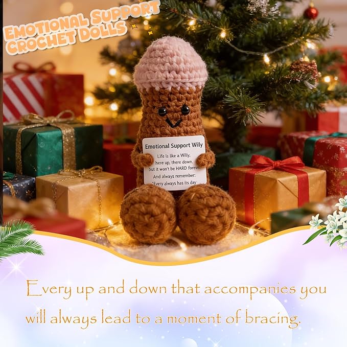 Funny Positive Crochet Animals Gag Doll Emotional Support Stuffed plushies for Men and Women Friends, Weird Things Motivational Office Decor Valentine‘s Day Gifts (Emotional Willy)