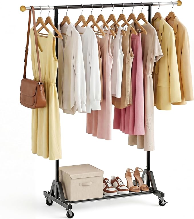 Rolling Garment Rack - Retractable Clothes Rack with Hanging Rods, Lockable Wheels and Bottom Storage Shelf - Sturdy Coat Rack, Freestanding Clothing Organizer for Bedroom, Laundry & Closet