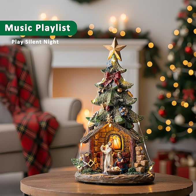 VISFLAIR 12'' Christmas Tree Lighted Manger Nativity Scene, Musical Holy Family Collectible Buildings Figurines LED Light Play Silent Night Music, Holiday Decorations Gifts for Family or Friends