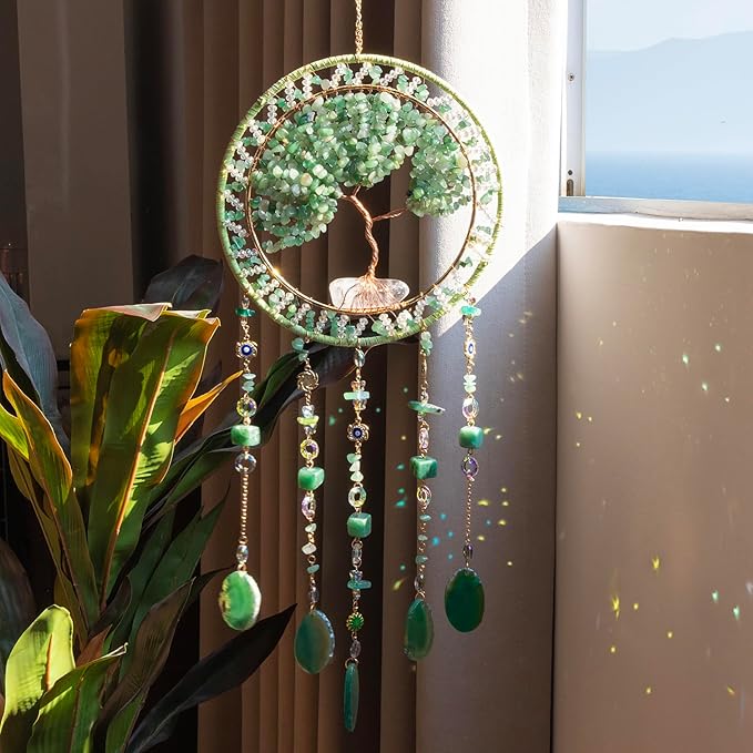 Tree Life Dream Catcher and Sun Catcher, Handmade Healing Crystal Boho Window Hanging for Home Decor, Rainbow Maker Wall Decor, for Women, Housewarming (Green)