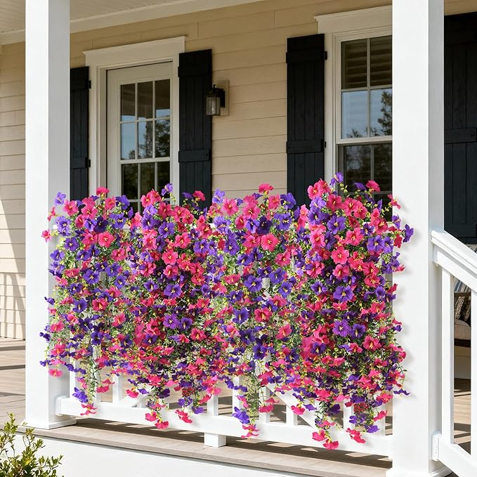 Artificial Hanging Flowers Plants for Outdoor Spring Summer Decoration, 2PCS Faux Silk Morning glory UV Resistant Look Real for Outside Home Indoor Planter Porch Garden Yard Decor(Deep Purple Red)