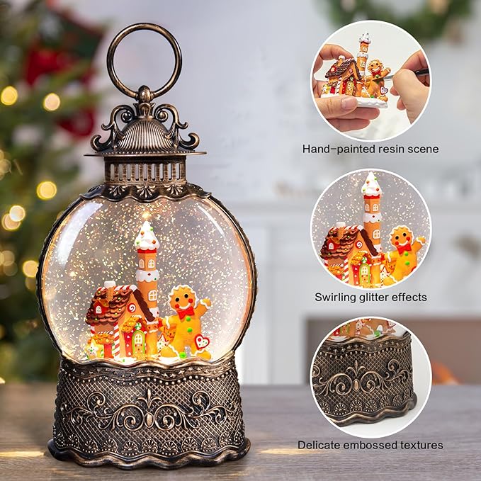 Christmas Snow Globes Lantern, Gingerbread Man Musical Snow Globes with Swirling Glitter Effects, USB/Battery Powered with 6-Hour Timer, Christmas Decorations