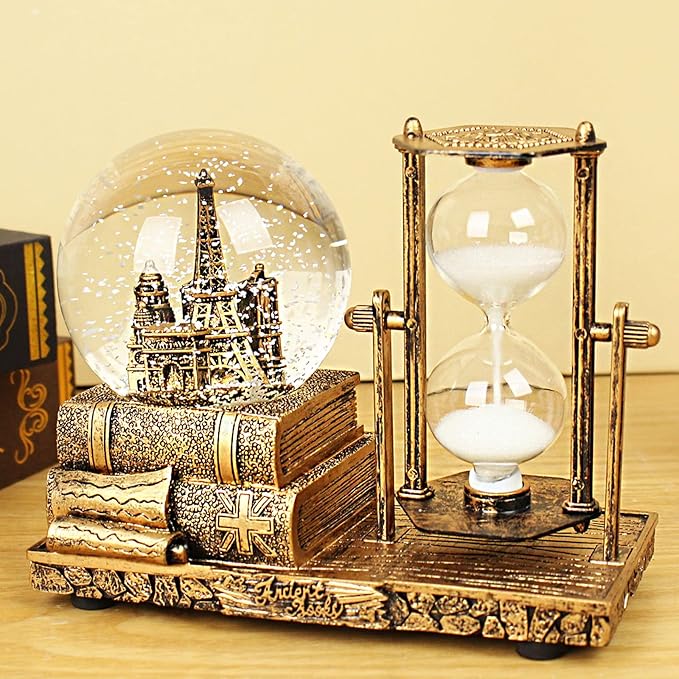 Snow Globe with Hourglass Timer Home Decorations for Living Room LED Music Crystal Ball Snow Globes Collectibles Bedroom Book Shelf TV Cabinet Desktop Decor Statue Figurine Table Centerpiece Ornament