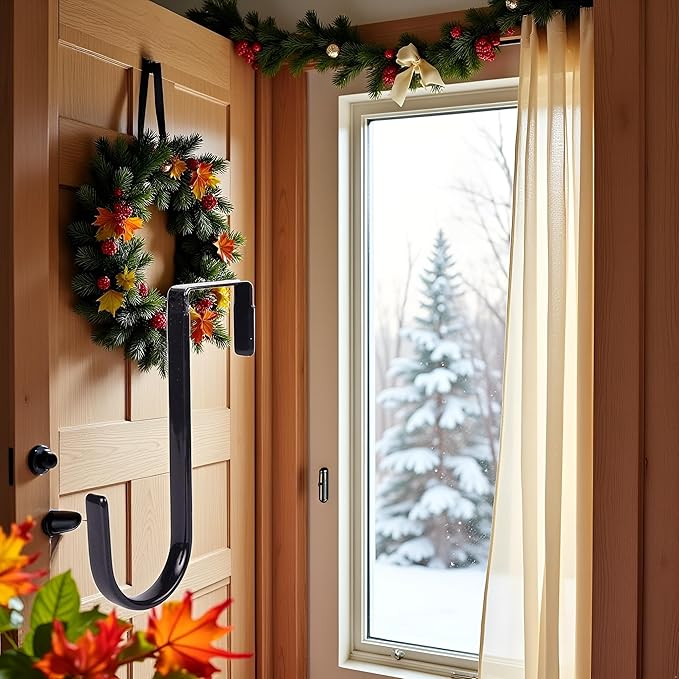 Black Wreath Hanger, Strong Bearing Fall Wreath Christmas Halloween Decorations Carbon Steel Wreath Door Hook 5" Height Wreath Hangers, Front Door Metal Over The Door Single Hook, Wreath Hangers