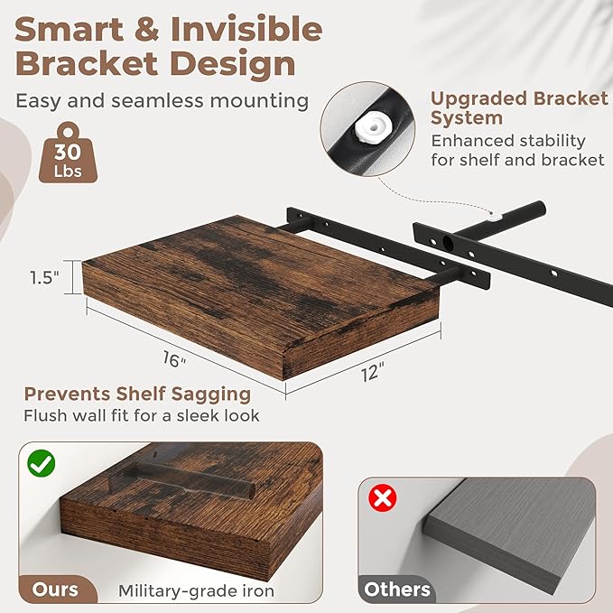 16 Inch Floating Shelves for Wall 2 Pack, 12"D Wood Grain Bathroom Shelves with Invisible Brackets, Easy Install Engineered Wood Storage Shelves for Kitchen, Living Room, Bedroom, Rustic Brown Finish