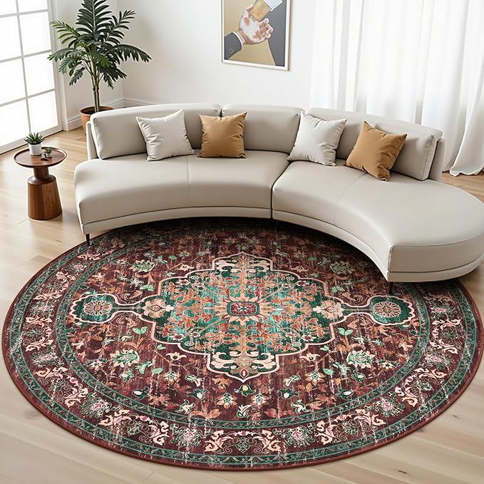 U'Artlines Boho Vintage Round Area Rug 8ft Machine Washable Low Pile Soft Floor Carpet Non Slip Non Shedding Accent Rug for Living Room Bedroom Entryway Dining Room Office Rust＆Teal
