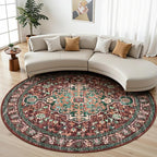 U'Artlines Boho Vintage Round Area Rug 8ft Machine Washable Low Pile Soft Floor Carpet Non Slip Non Shedding Accent Rug for Living Room Bedroom Entryway Dining Room Office Rust＆Teal