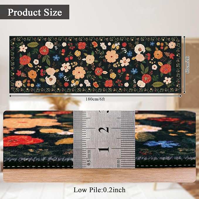 U'Artlines 2'x6' Boho Runner Rug for Hallways Kitchen Colorful Floral Soft Non Slip Washable Floor Carpet Runners for Entryway Laundry Room Bathroom Black Green