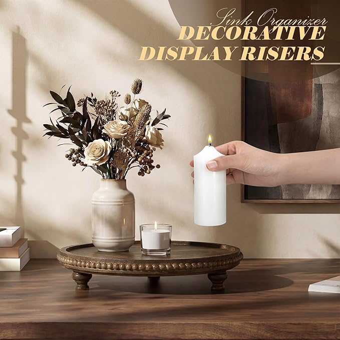 EOSAHR Acacia Wood Beaded Round Display Riser for Boho Decor – 3-Leg Wooden Pedestal Stand for Coffee Table, Cake Stand, Perfume Tray & Vanity Organizer – Riser for Decor (Dark Acacia)