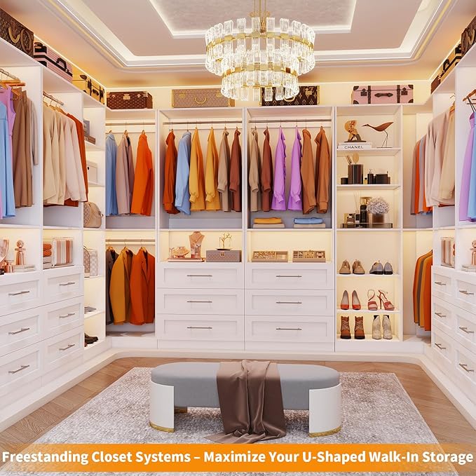 Closet System with 3 Drawers, Corner Closet Organizer Systems with 7 Shelves & 5 Hanging Rods L-Shaped Walk in Closet Freestanding Corner Tower Modular Storage System 2 Sets 1400+ Lbs Capacity White