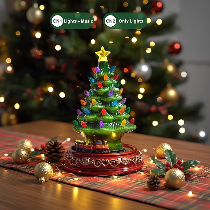 VISFLAIR Ceramic Christmas Tree with Rotating Train- Musical Christmas Tree Decorations with 38 Multicolored Lights for Home Tabletop Decor, Xmas Gift