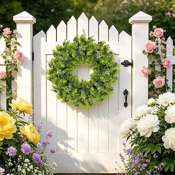 Large Boxwood Wreath for Front Door, 28" Artificial Spring and Summer Greenery Wreathwith White Flower Buds, All-Season Home Decor for Walls, Windows, Parties, Weddings, Indoor Outdoor