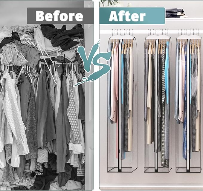 Clear Garment Bag for Hanging Clothes 10” Gusseted, 50” Suit Bags for Open Closet Storage Plastic Clothes Cover for Coat, Dress, Shirts, Fur, Jacket, Wardrobe Protectors, 4 Pack