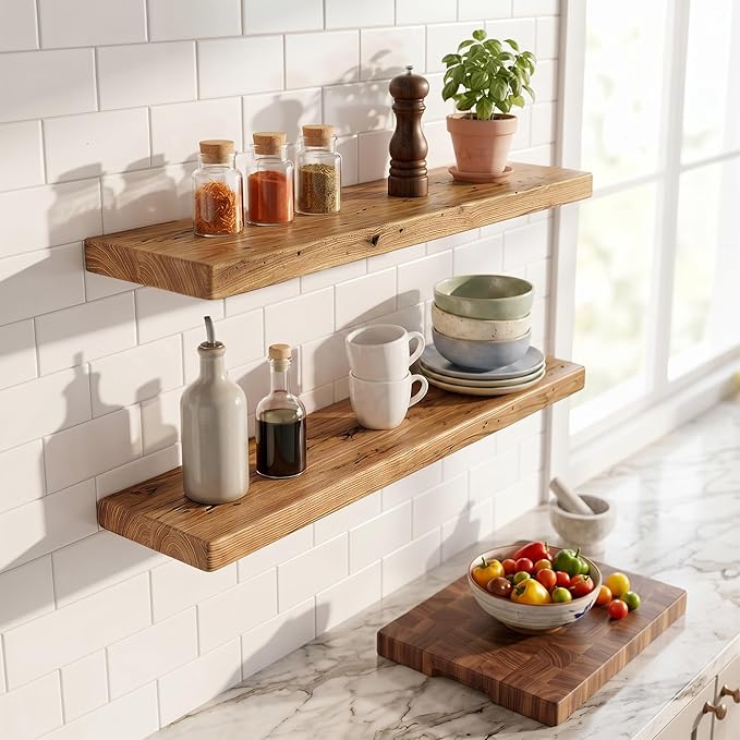 Dreamland 36" Solid Elm Wood Floating Shelves, 8" Deep Wall Shelves for Home Decor, Floating Shelf with Invisible Bracket, Heavy-Duty Display Shelf - for Living Room, Kitchen, Bathroom, Set of 2