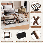 26.77" Full Assembled Luggage Rack for Guest Room, Set of 2 Bamboo Foldable Suitcase Stand, Bedroom & Hotel, Folding Luggage Holder with 5 Nylon Straps, 600D Oxford Fabric Shelf Walnut