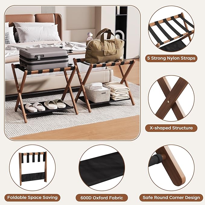 26.77" Full Assembled Luggage Rack for Guest Room, Set of 2 Bamboo Foldable Suitcase Stand, Bedroom & Hotel, Folding Luggage Holder with 5 Nylon Straps, 600D Oxford Fabric Shelf Walnut