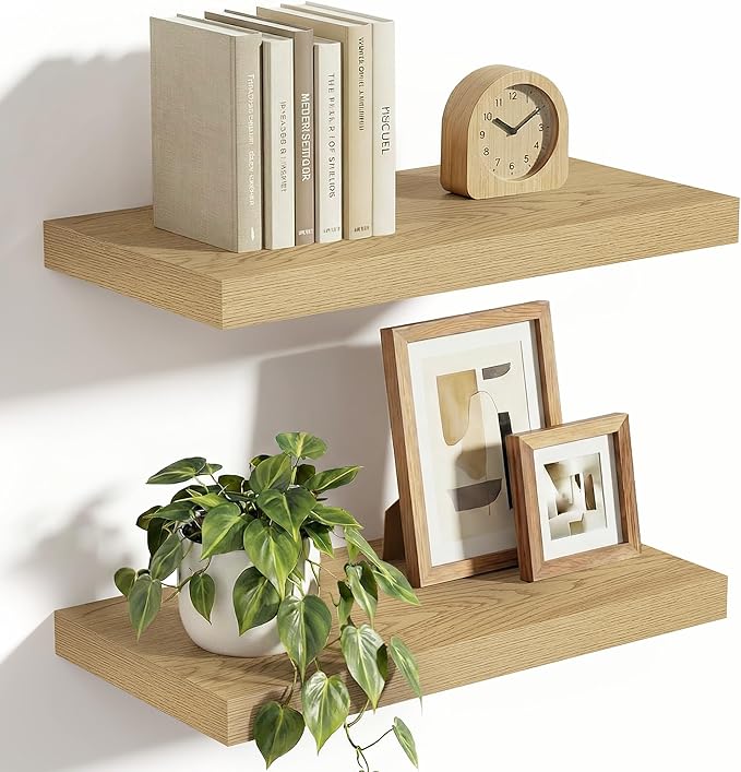 Vivelove 10" Deep Floating Shelves Over Toilet, 16" Wall Shelves for Bathroom Bedroom Kitchen Living Room Laundry Room, Modern Rustic Shelves for Home Decor, 16"x10.2"x1.5", Set of 2, Oak