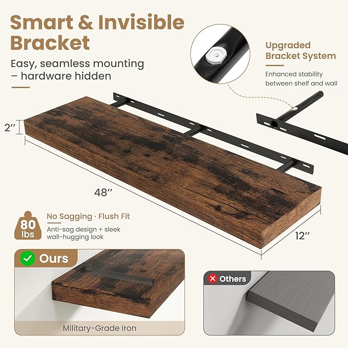 FLYJOE 48 Inch Long Floating Shelves for Wall Set of 1, 12" D Wood Grain Bathroom Shelves with Invisible Brackets, Easy Install Engineered Wood Storage Shelves for Kitchen, Living Room, Bedroom