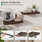Marsmiles Solid Wood Floating Shelves for Wall, 24”W x 9”D x 1.56”H Large Wall Shelves for Living Room Bedroom Bathroom Kitchen Drcor Storage with Invisible Heavy-Duty Metal Bracket, Walnut, Set of 2