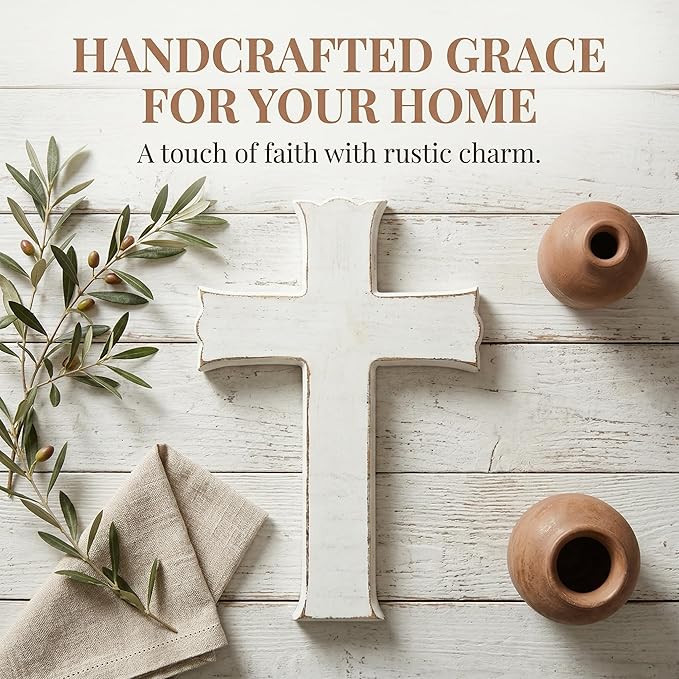 Bltgh White Wooden Cross Wall Decor, Religious Cross Gifts With Hook on Hanging Wall Or Table, Confirmation Cross Gift, Baptism Gifts, Rustic Home Church Room Crosses Décor, 10x6.5 IN