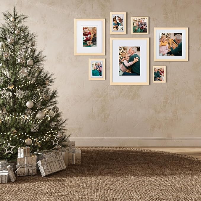 Egofine 9x12 Picture Frames Set of 4, Made of Solid Wood Covered by Plexiglass 5x7 and 6x8 with Mat or 9x12 without Mat, for Table Top Display and Wall Mounting Photo Frame Oak Wood