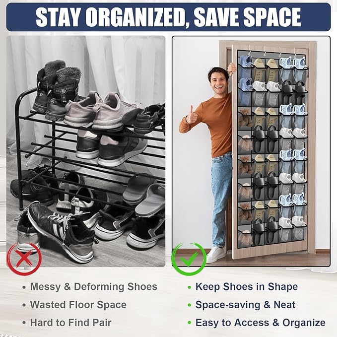 Over the Door Shoe Organizer - 40 Large Breathable Mesh Pockets, Space Saving Hanging Shoe Organizer with Metal Hooks, Hanging Shoe Rack for Men's and Women's Shoes (Grey)