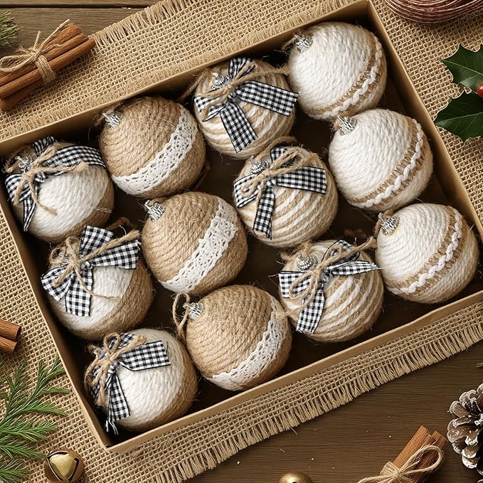 Bunny Chorus Christmas Decorations Indoor: 12pcs Handmade Jute Rope Decorative Bows Christmas Tree Ornaments, Rustic Hanging Xmas Ball Ornaments for Tree Garland Fireplace Home School Office Decor
