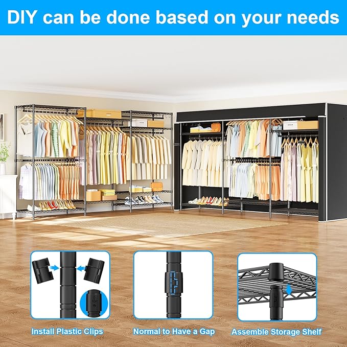 Ulif E13C Max Heavy Duty Closet Organizer System，Freestanding Clothing Racks for Hanging Clothes，Adjustable Garment Rack 86" W x16 D x77 H Hold 1100 lbs，Black Rack with Black Dustproof Cover